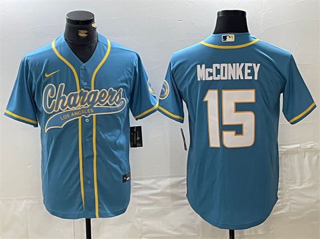 Men's Los Angeles Chargers #15 Ladd McConkey Blue Cool Base Stitched Baseball Jersey